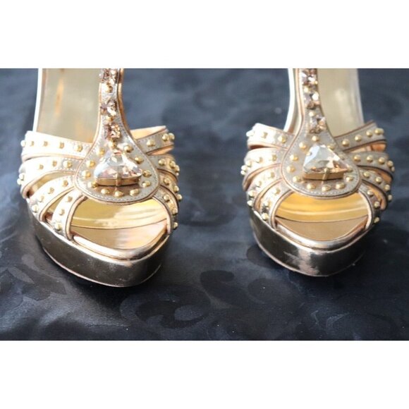 Miu Miu Womens Size 37 Gold Studded Sandals Open Toe Crystal Strap Stiletto Heel - Picture 5 of 12